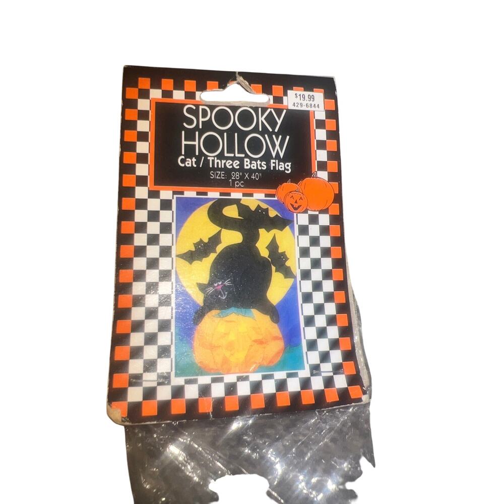 Vintage 90s Halloween whimsy black cat moon bats nylon decorative flag 28 x 40